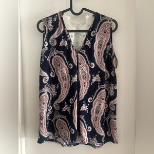 Sleeveless Paisley V-Neck Women’s Top - Navy & Coral